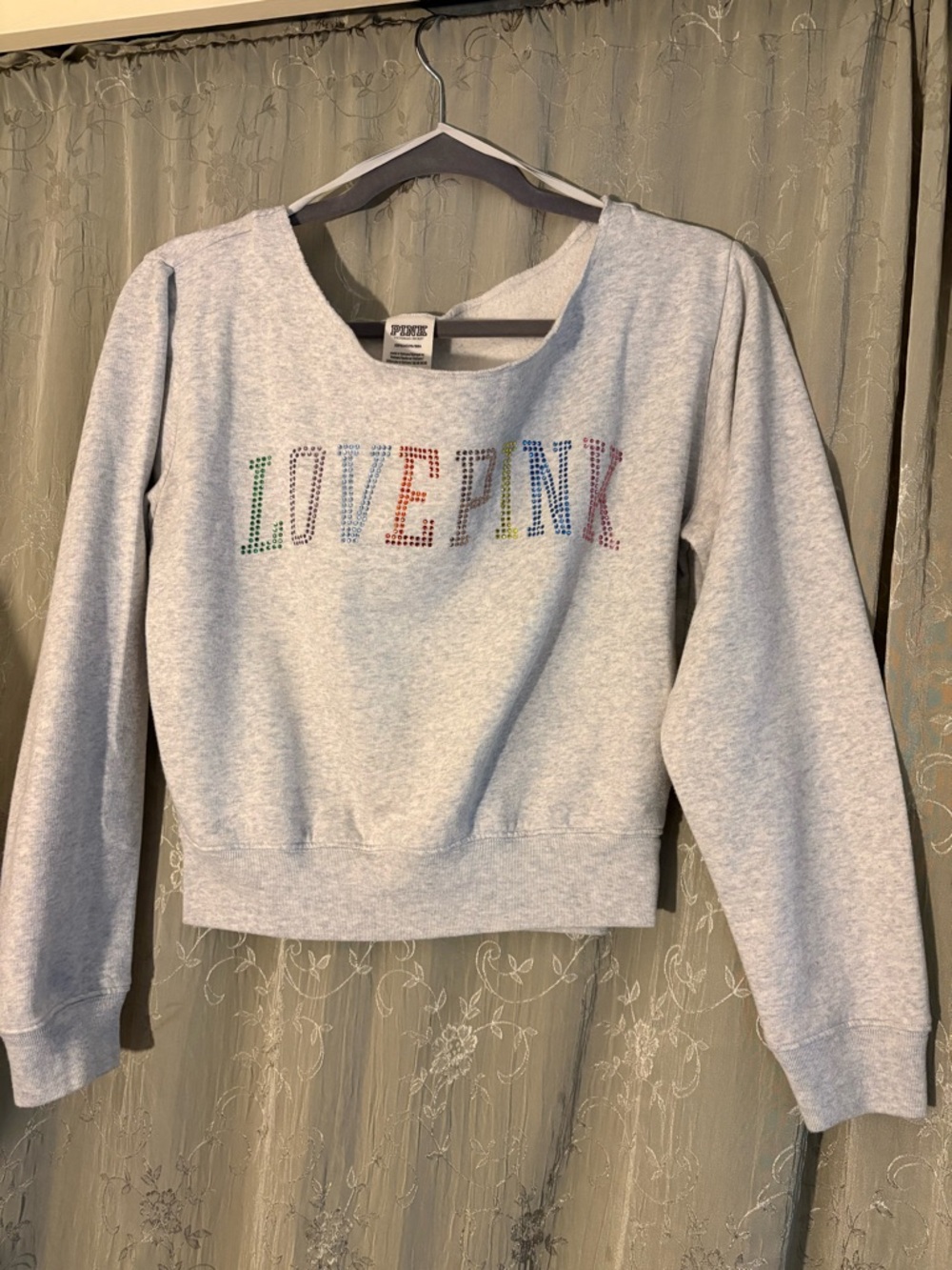 PINK Victoria's Secret Light Gray 'LOVE PINK' Rhinestone Sweatshirt